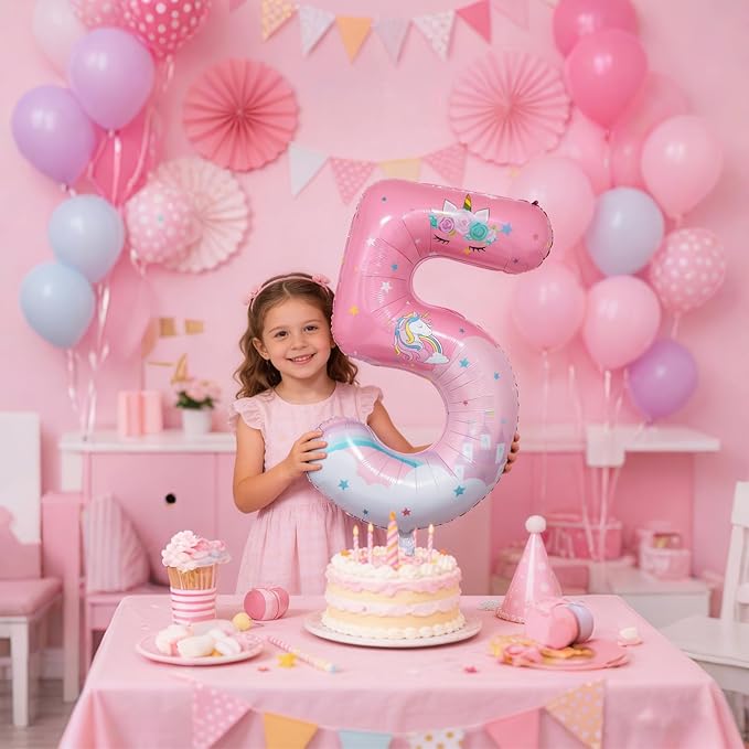 Unicorn Birthday Decorations, 40inch Unicorn Number 5 Balloons for Rainbow Unicorn Party Supplies (5)