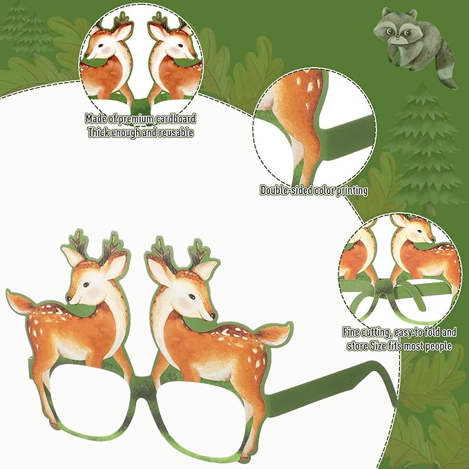 Pajean 32 Pcs Woodland Animal Decorations Eyeglasses Wild One Camping Forest Theme Photo Booth Props Paper Glasses for Woodland Creatures Birthday Baby Shower Camping Party Decor Favors Supplies