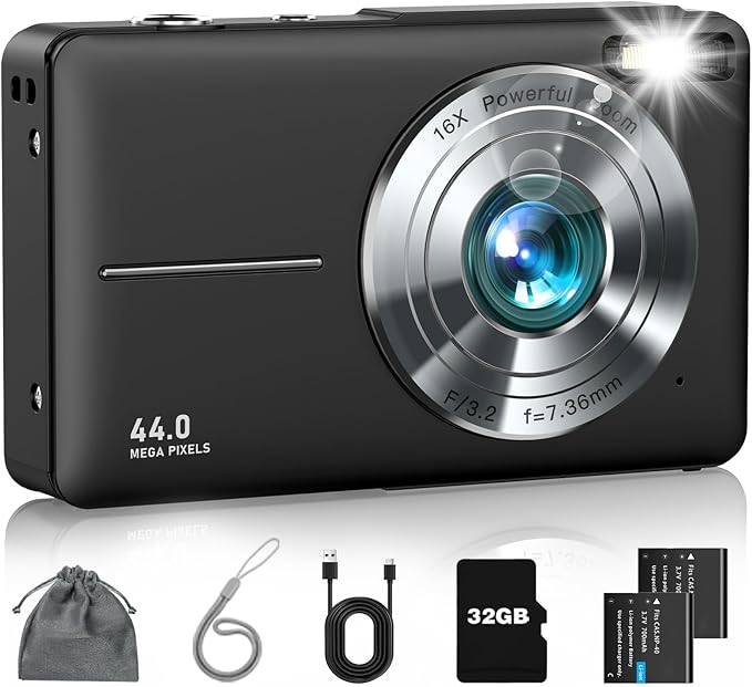Digital Camera, FHD 1080P Point and Shoot Camera with 16X Zoom Anti Shake, Compact Small Portable for Boy Girls(Deep Black)