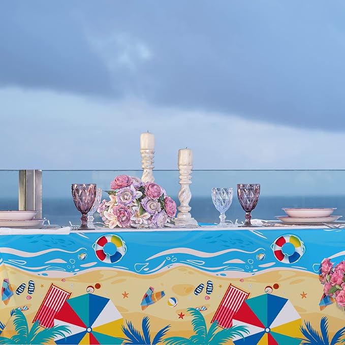 Gatherfun Beach Theme Party Supplies Summer Pool Disposable Tablecloth Plastic Waterproof Table Cover for Hawaiian Party Birthday Decorations, 3 Pack 54X108inch