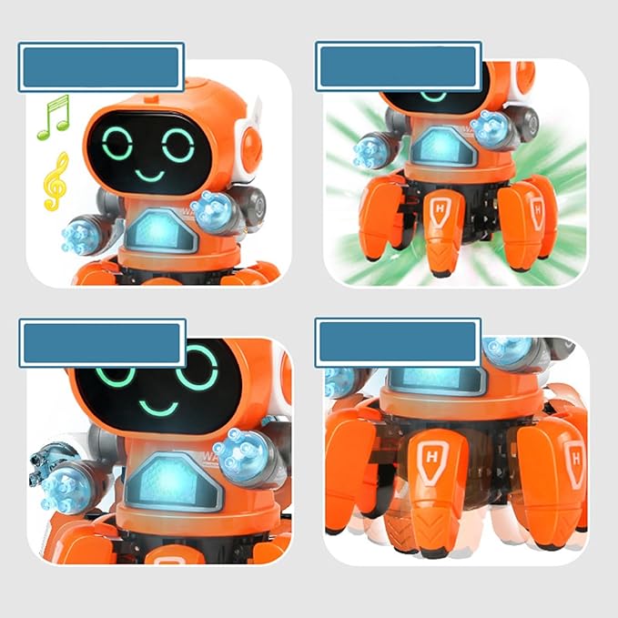 Light Six Claw Robot Toy, Flexible Moving Dance Music Shake Robot Toy with Clear Sound Quality (Orange)