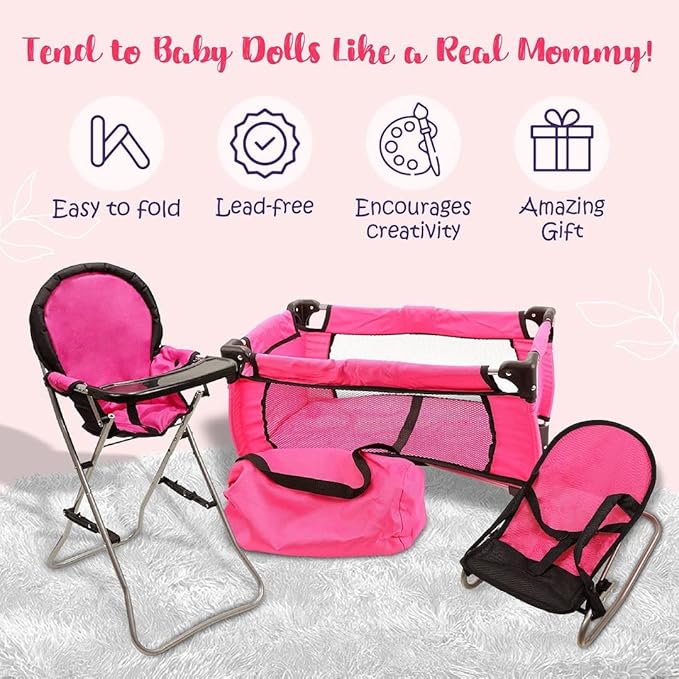 Pink Baby Doll Accessories Set - 3 In 1 Baby Doll Furniture Set with Baby Doll High Chair, Baby Doll Crib, Baby Doll Bouncer Seat, Baby Doll Bed Set for 18” Doll - Play Baby Doll Toys for 18" Dolls