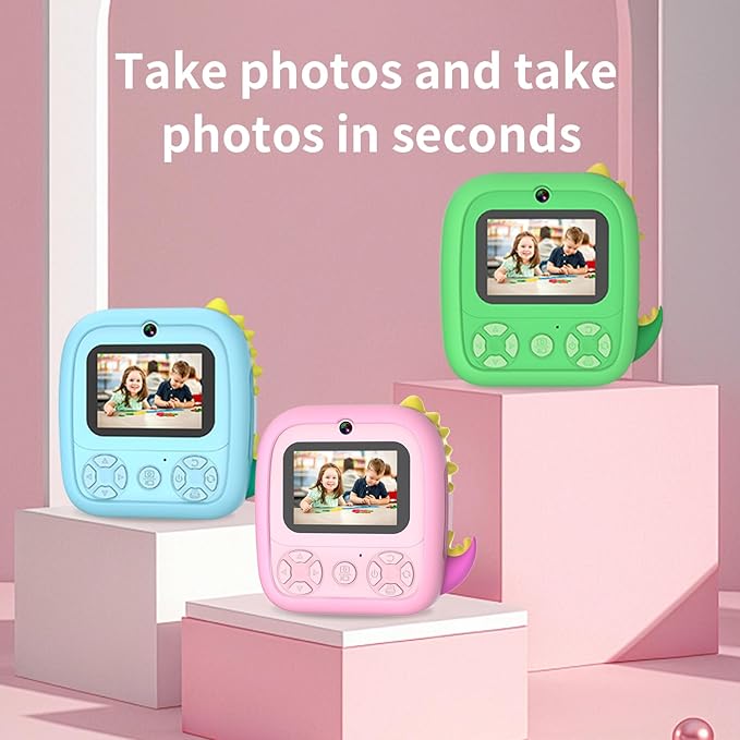 OKYUK Kids Camera Instant Print, OKYUKKLXJ-2, Instant Film Camera with 32GB TF Card, Dinosaur Selfie Camera, Birthday Gift