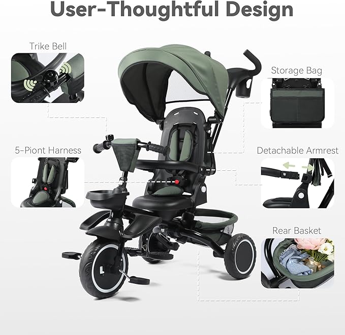 8 in 1 Kids Tricycle, Folding Toddler Tricycle w/Reversible Seat, Adjustable Push Rod & Canopy, Baby Trike Toddler Bike w/Bell, 5-Point Harness, Extra Storage, Cup Holder, Dark Green