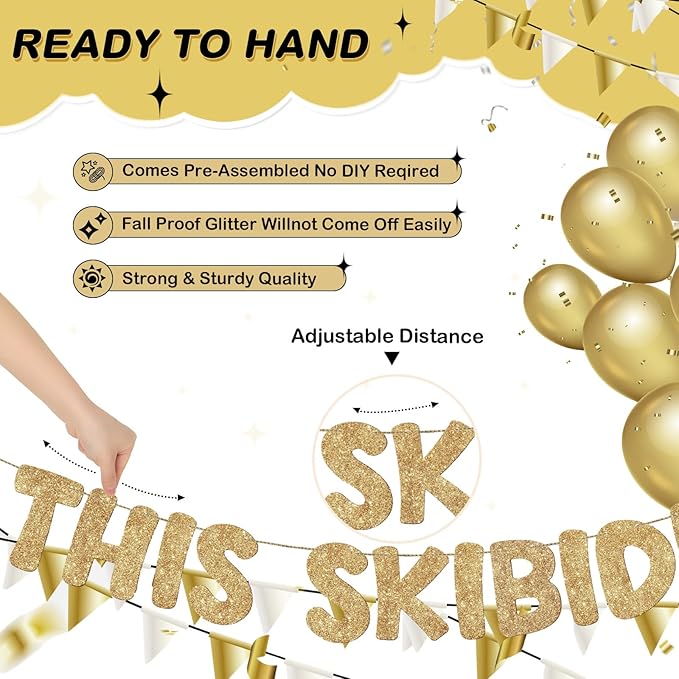 Fulmoon Pre Strung This Skibidi Rizzler Is 11 No Cap Glitter Banner 11th Birthday Party Decorations, Funny Birthday Sign, Party Supplies, Ideas, Gifts, Champagne Gold