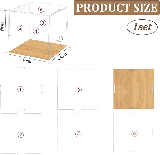 Thickened Clear Acrylic Display Case Box with Wood Base Transparent Protection Showcase Organizer Self-Assembly Dustproof for Collectibles Toys, 4x4x14in(Length x Width x Height)
