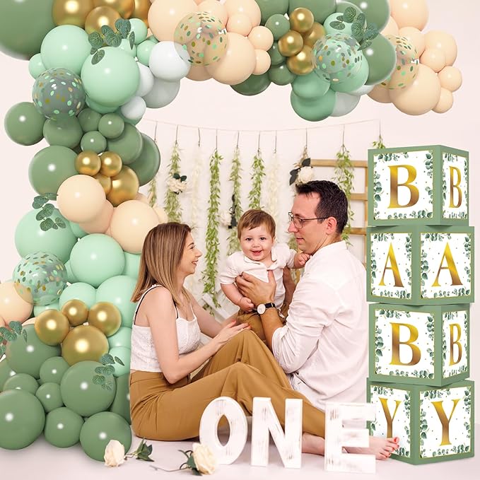 Amandir 145Pcs Baby Boxes Sage Green Baby Shower Decorations, Olive Green Balloon Garland Kit 4 Baby Blocks Gold Letter for Gender Neutral Boy Girl Safari Jungle Birthday Baptism Party Supplies