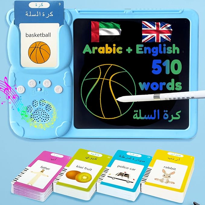 Drawing Tablet with Bilingual Flashcards for Kids - Arabic English Talking Flash Cards, LCD Writing Pad Board, Pocket Speech for Toddlers, Learning Toy Gift for Boys Girls (Arabic, Blue)