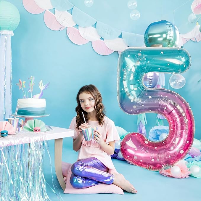 Mermaid Starry 5 Balloons, 40 Inch Giant Teal Blue Purple Mylar Foil Number 0-9 Helium Balloon for Girls, Self Inflating Rainbow 5th Birthday Balloon for Women Anniversary Party Decorations Supplies