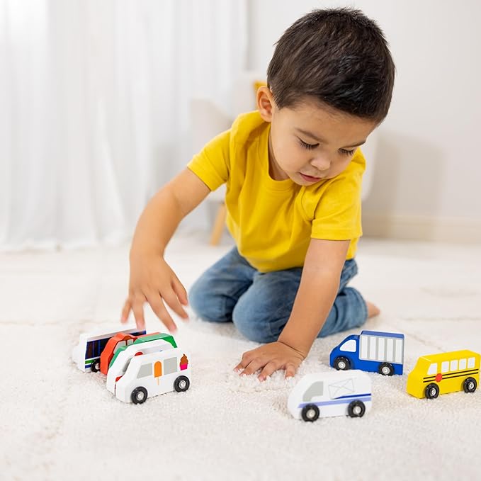 Melissa & Doug Wooden Town Vehicles Set in Wooden Tray (9 pcs)