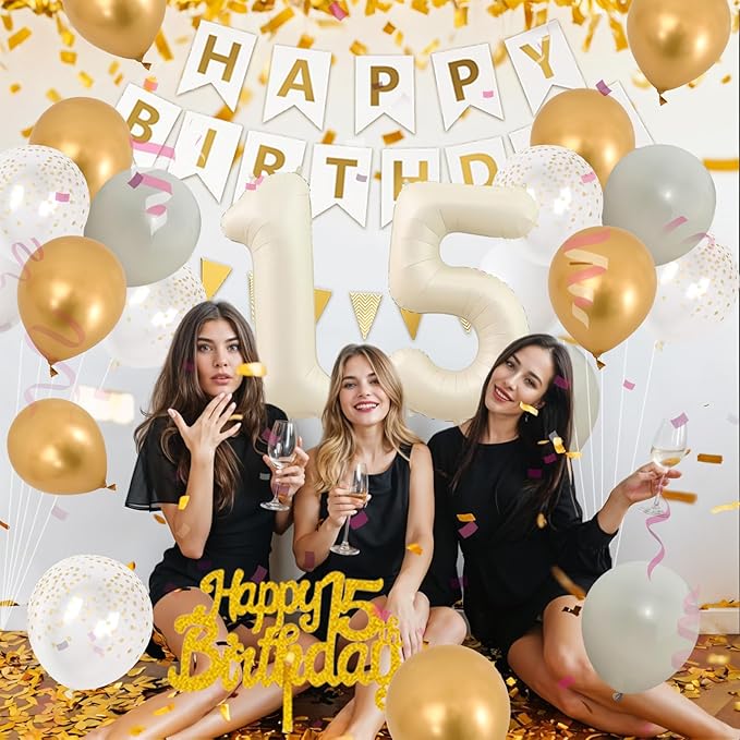 Gold Birthday Party Decorations, Cream White 15th Happy Birthday Decorations With Number 15 Balloons Sand White Latex Balloon Champagne Fringe Curtain Cake Topper Banner For 15th Party Supplies