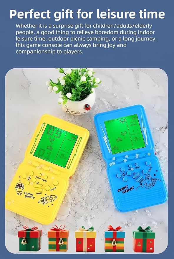 Electronic Cube Game Console Built-in 23 Block Games Thousands of Modes Green Backlight Adjustable Difficulty/Speed Handheld Puzzle Game Retro Toy for Children/Adults (Yellow)