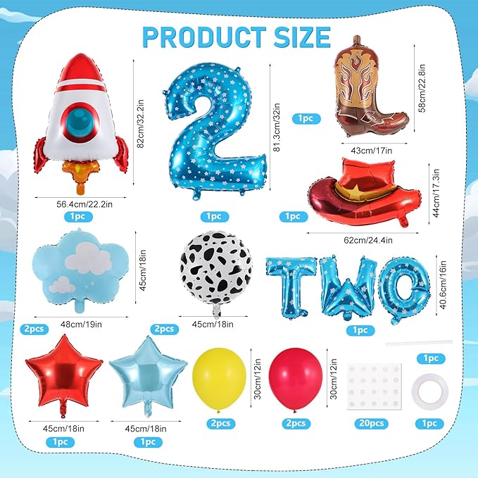 17Pcs Toy Themed Party Decorations Cartoon 2nd Birthday Decorations Blue Sky Clouds Cowboy Hat Boots Rocket Balloons Two Infinity and Beyond Toy Inspired Birthday Party Supplies