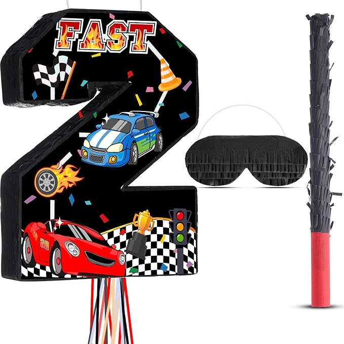Race Car Piñata Pull String Cars Piñatas for Birthday Party Decorations Number 2 3 4 5 6 with Blindfold Stick Small Red Black Racing Theme 2nd 3rd 4th 5th 6th Party Supplies(Number 2)