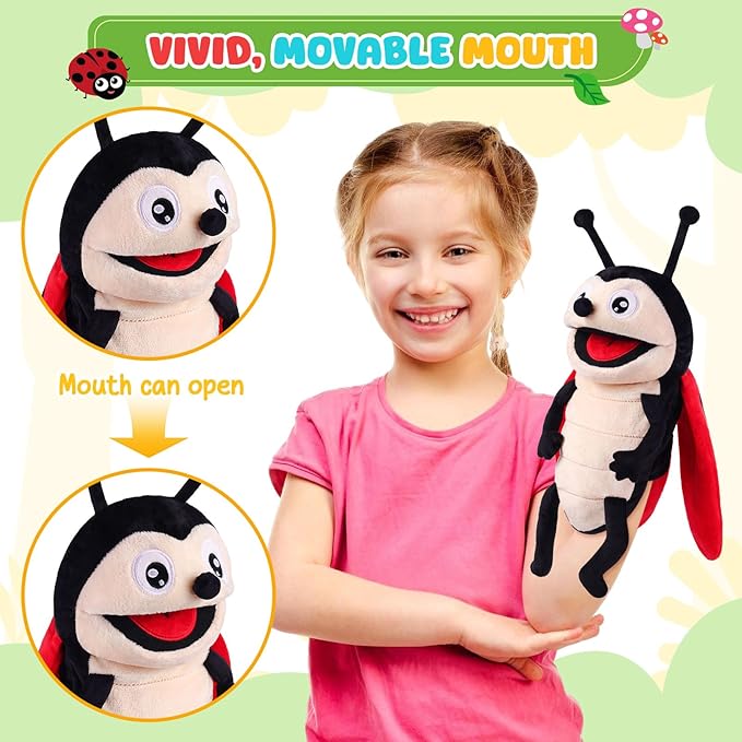 Animal Hand Puppets 11 Inch Insect Plush Ladybug Ant Dragonfly Caterpillar Puppet Toys Role-Play Puppets for Kids Storytelling Imaginative Pretend Play Teaching Preschool(Ladybug)