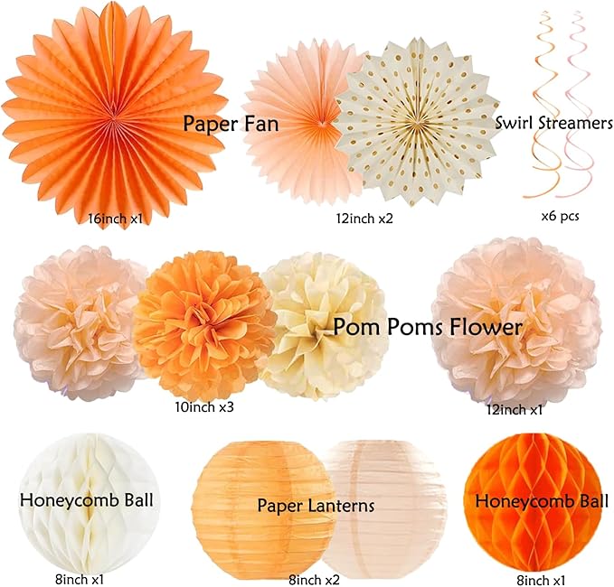 Orange-Peach Fall Boho Birthday Party Decorations - 62pcs Happy Birthday Banner, Beige Rustic Paper Lanterns, Streamers, Tissue Pom Poms, Burnt Orange Apricot Party Balloons, Fall Backdrop Decor