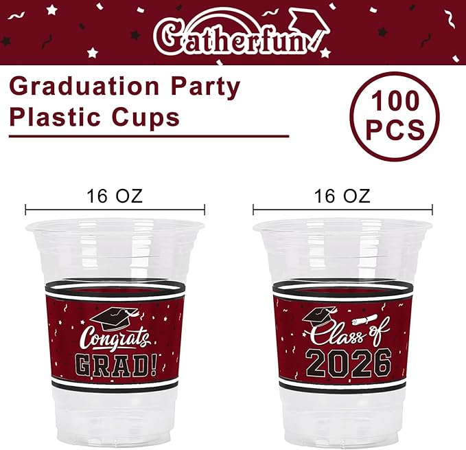 Gatherfun Class of 2026 Celebration - 100 Pcs 16oz Maroon Graduation Plastic Cups for Sturdy & Durable Drinkware for Grad Festivities | Essential Graduation Party Supplies & Decorations