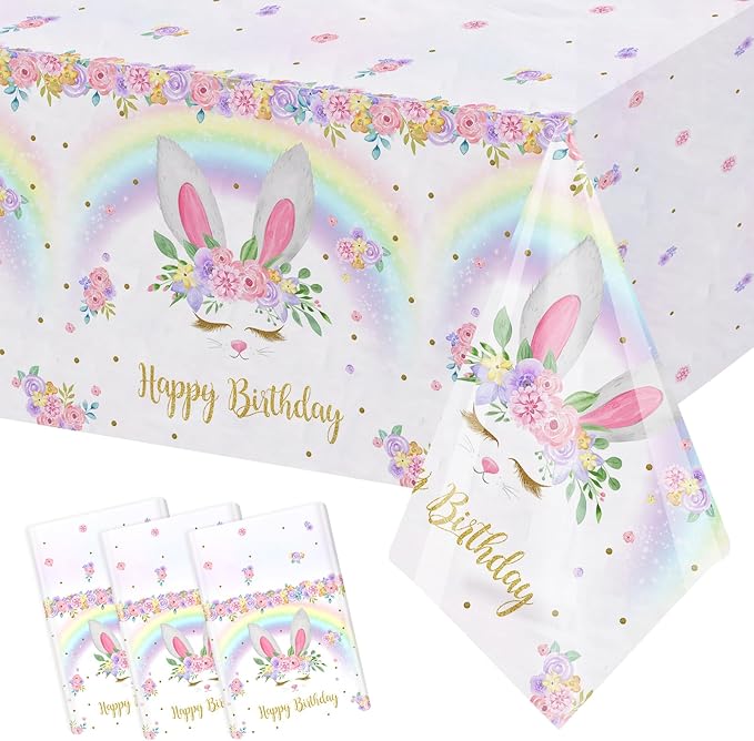 MEHOFOND 3 Pack Bunny Birthday Tablecloth, Disposable Plasticable Easter Table Cloth 54x108 inch, Rainbow Bunny Birthday Party Supplies Spring Easter Table Cover for Party Decor