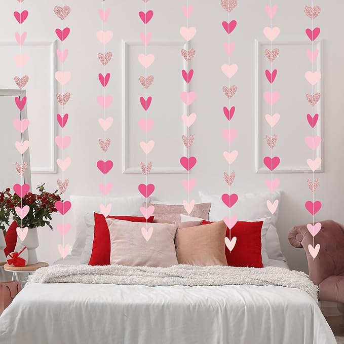 Capoda 8 Pcs Valentine's Day Garland Decorations Rose Gold Pink Burgundy Heart Garland Banners Glittery Valentines Hanging Decor for Sweet Day Birthday Wedding Anniversary Party Supplies