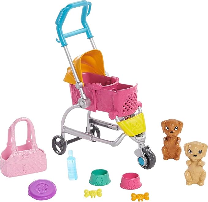 Barbie Dogwalking Doll & Accessories, Stroll & Play Pups Playset with Transforming Stroller, 2 Pets & Handbag, Blonde Doll