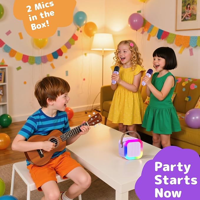 Fede Karaoke Machine for Kids Adults, Mini Karaoke Machine with 2 Wireless Microphones, Portable Bluetooth Speaker with Voice Changing Effects & LED Lights, Best Gifts Toys for Girls and Boys