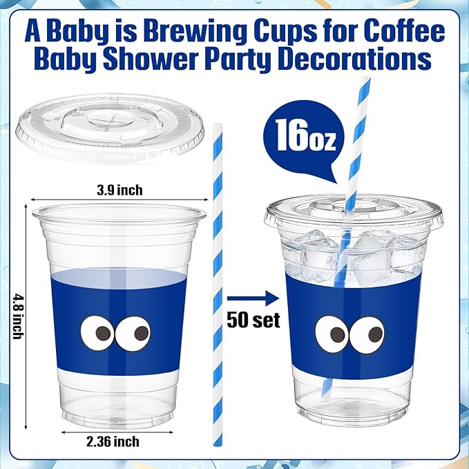 50 Pcs Blue Monster Themed Party Supplies Cartoon Blue Monster Plastic Cups Bulk Cartoon Baby Shower Decorations Disposable Party Favor Cups for Birthday Decorations Gender Reveal Supplies