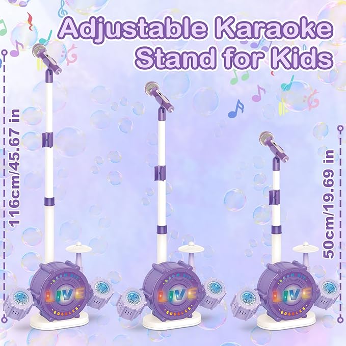 Bluetooth Kids Karaoke Microphone with Adjustable Stand, Karaoke Machine for Kids with Bubble Maker，Vioce Changer, Colorful Lights - Microphones for Singing Christmas, Birthday Gifts for Girls