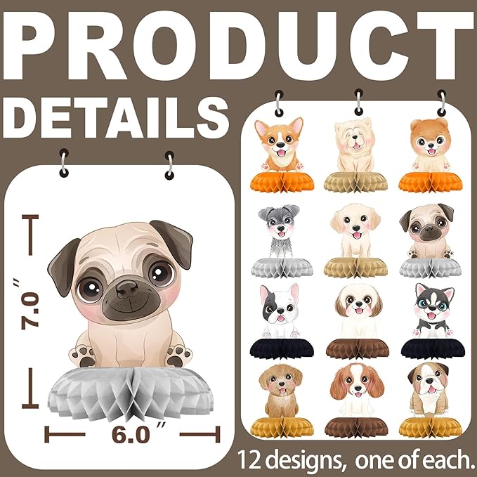 12 Pack Puppy Table Decorations - Puppy Party Decorations for Kids' Birthday and Baby Shower - Puppy Table Toppers