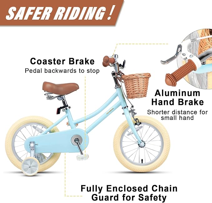 Petimini Vintage Kids Bike for Girls, 12–20 Inch Classic Bicycle with Wicker Basket & Bell, High Tensile Steel Frame, Training Wheels (12–18”), 85% Pre-Assembled, Retro Bike for Outdoor Riding