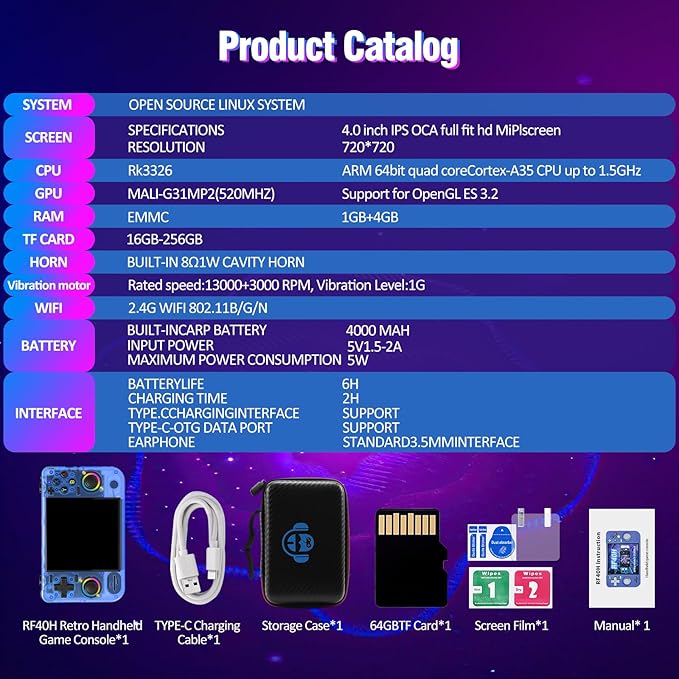 RF40H Handheld Game Console, 4.0" Retro Gaming Console Preloaded 20,000+ Classic Games, Open Source Linux System, Support WiFi Online Play, Portable Pocket Hand Held Video Game (Transparent Blue)