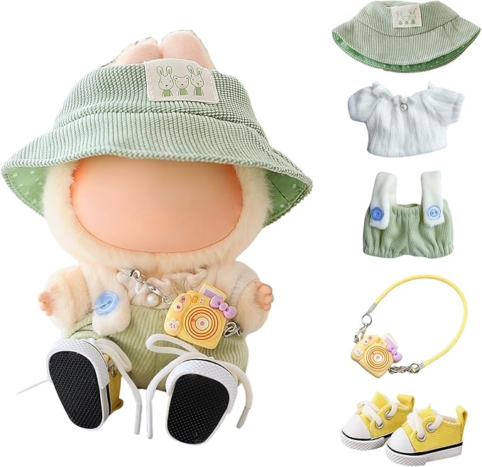 Clothes for Lu bubu 17cm Dolls Accessories(No Doll), Cute Outfit Set 5 Pieces Bib Pants for 17cm Doll Suit, Stylish Dress Up Overalls Doll Clothing Set Replacement with Hat Clothes Shoes Green