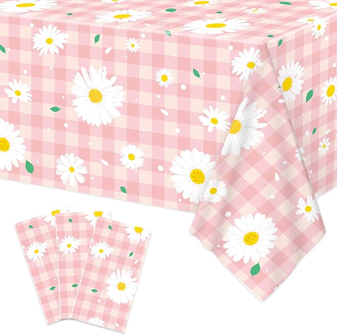 3pcs Daisy Plastic Tablecloth, 54x108 inch Spring Daisy Theme Table Cover, Pink Plaid Flower Tablecloth for Spring Floral Party, Baby Shower, Daisy Birthday Party Decorations