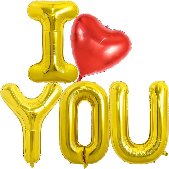 TONIFUL 40 Inch I Love You Balloons Big I Heart YOU Foil Letter Heart Shaped Balloons Decoration for Valentine's Day Wedding Bridal Shower Anniversary Engagement Party Supplies（Gold 5Pcs）