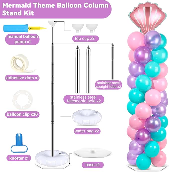 2 Sets Mermaid Party Balloon Column Stand Kit with 102 Balloons Beach Mermaid 5.57ft Adjustable Balloon Tower Stand with Bases Sea Shells Balloons Arch Column for Girl Princess Birthday Party Supplies