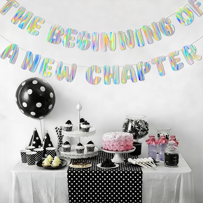 Iridescent The Beginning of a New Chapter Banner, Holographic Pre-Strung Party Decoration for Graduation, Farewell, Going Away, Retirement