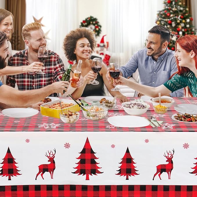 3PCS Christmas Tablecloth, Red and Black Buffalo Plaid Rectangular Plastic Christmas Tablecloth, Winter Snowflake and Reindeer Disposable Waterproof Table Cover for Party Dinner Decor, 51.2x 86.6inch