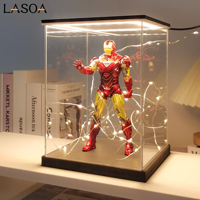 LASOA Acrylic Display Case for Collectibles with LED Light, Alternative Glass Display Box with Black Base and Lid, Self-Assembly Clear Storage Showcase for Memorabilia (9.8x7.9x9.8inch;25x20x25cm)
