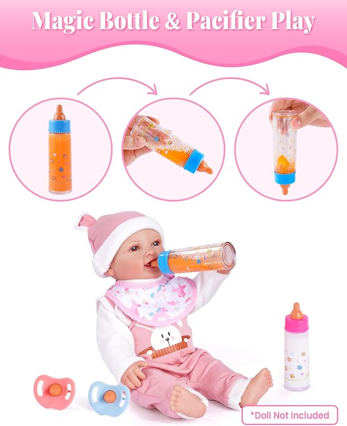 BABESIDE Baby Doll Accessories, 10 Pcs Disappearing Doll Feeding Set for Toy Stroller, Doll Care Pretend Play Kit with Magic Bottles, Pacifiers, Bib, Diaper & Carry Bag for 12–15 Inch Dolls