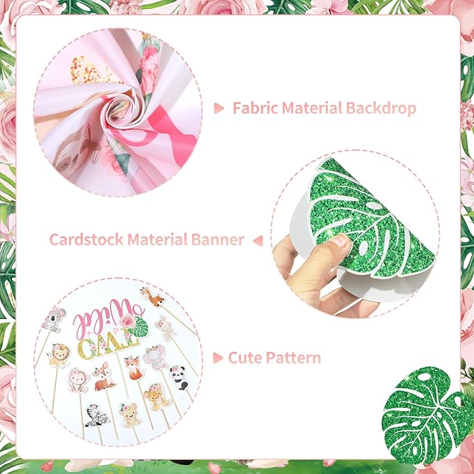 Two Wild Birthday Decorations Girl Pink Jungle Animal Theme 2nd Birthday Party Supplies Include Two Wild Backdrop Banner Balloons Cupcake Toppers for Girl 2 Year Old Safari Party Decor