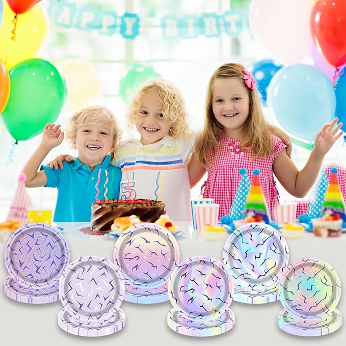 OU RUI 60 Pcs Purple Demon Party Plates Disposable Rainbow Gradient Design Paper Plates for Purple Demon Birthday Party Boys Girls Hunters Theme Supplies