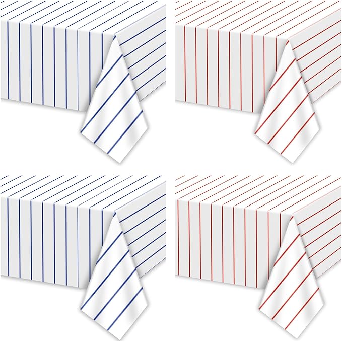 4 Pcs Disposable Baseball Tablecloths, Waterproof Plastic Stripe Table Covers for Baseball Birthday Decorations, 51 x 86 inches