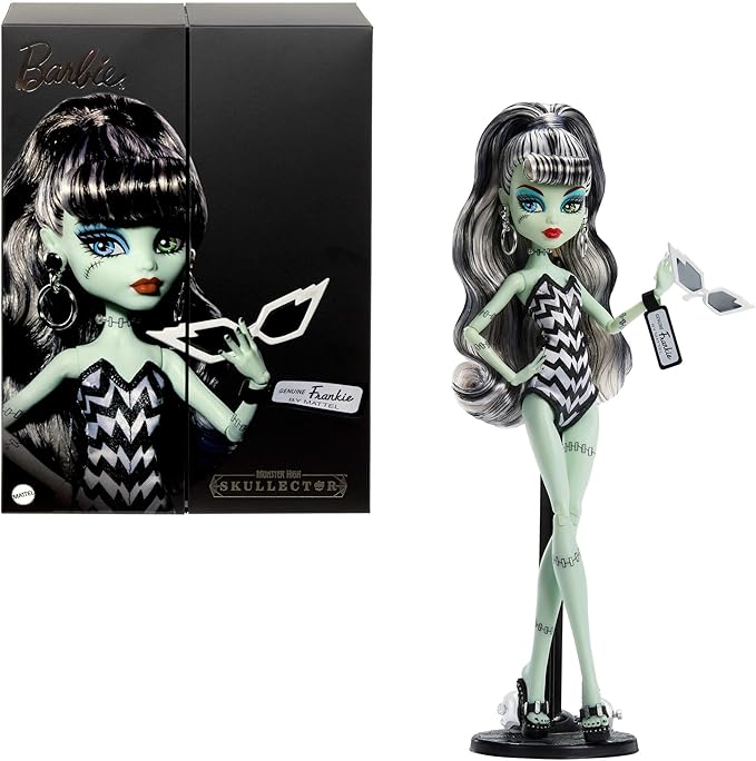 Monster High x Barbie Frankie Stein Doll with Original Barbie-Inspired Swimsuit and Solo in The Spotlight Black Evening Dress, Accessories