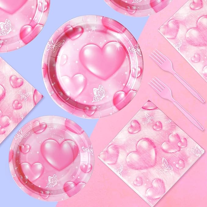 Grencian 96Pcs 2000s Party Decorations Pink Heart Plates and Napkins Disposable Y2k 90s Pink Heart Paper Tablewares Sets for Girls Women Birthday Wedding Y2K Bridal Shower Party Supplies, Serves 24
