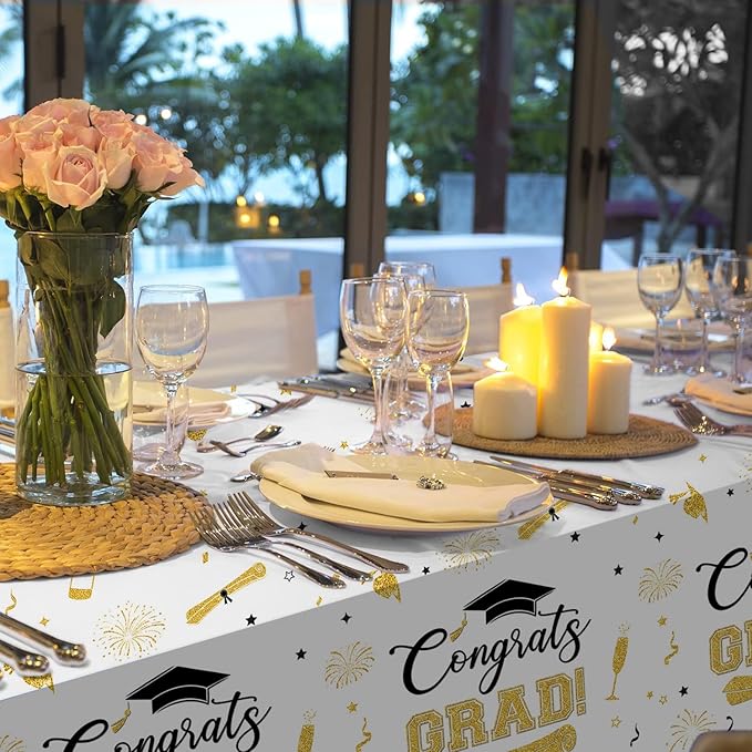 3 Pcs Graduation Tablecloth Decorations White Gold Congrats Grad Disposable Table Cover Class of 2026 Graduation Plastic Tablecloth Table Cover Decorations 108 x 54 Inch