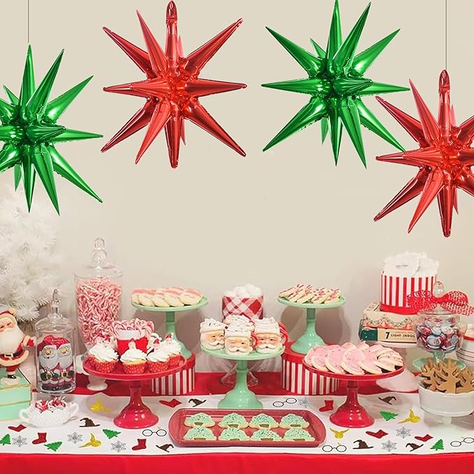 TONIFUL 4 Pcs 22inch 4D Red Green Explosion Star Mylar Balloons 14Point Star Balloons for Party Decorations Backdrop Christmas,New Year Birthday, Wedding Baby Shower Anniversary Photo Booth Supplies