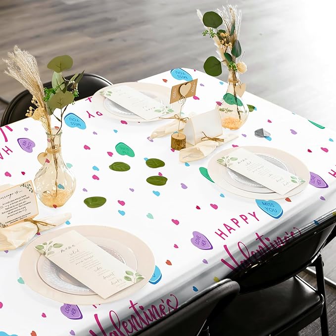 3Pcs Valentines Day Tablecloth, 54 x 108 Inch Conversation Hearts Plastic Table Cover, Colorful Love Heart Tablecloth for Wedding Anniversary, Valentines Day Decorations