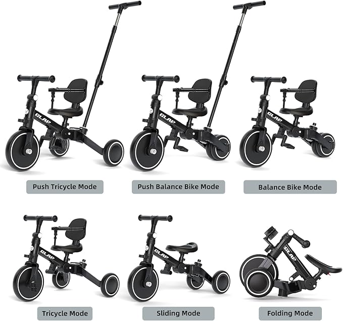 Glaf Tricycle for Toddlers 1-3 Toddler Bike with Push Handle 2-4 Years Baby Bike Toys for 2 Years Boys and Girls Balance Bike with Adjustable Seat Height and Backrest Birthday Gift（Black