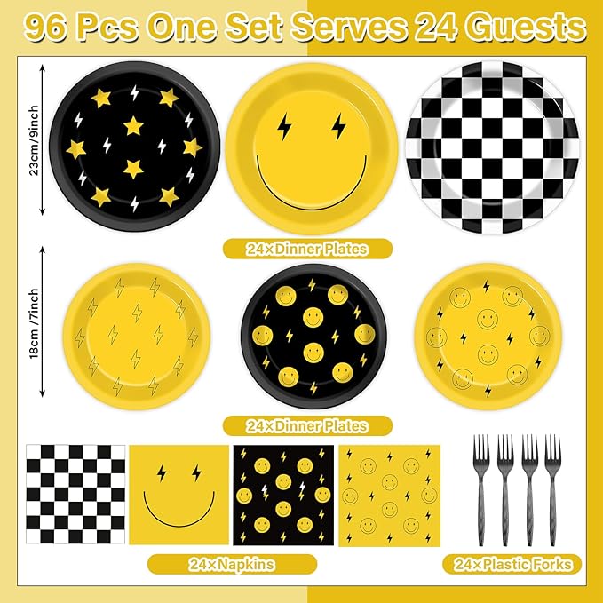 96Pcs Smile Face Birthday Party Decorations One Happy Dude Yellow Smile Face Paper Plates Napkins Lightning Star Checkered Tableware Dinnerware Supplies for Birthday Baby Shower Wedding Party Favors