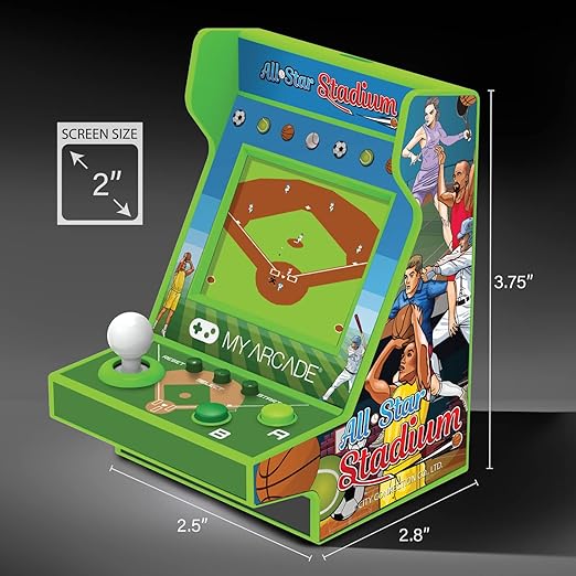 My Arcade All Star Stadium Pico Player- Fully Playable Portable Tiny Arcade Machine with 107 Retro Games, Toys for Kids, 2" Screen, Green, Small (DGUNL-4120)