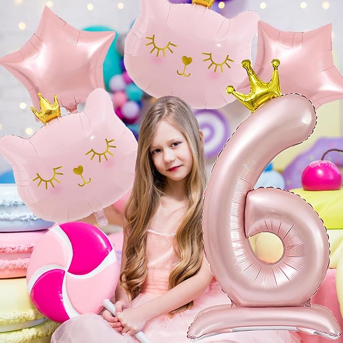 Pink Cat Balloon Set, Crown Cat Foil Balloon, 6 Year Old Girl Birthday Party Decoration, Cat Theme Party Decoration, Theme Party Supplies for Girls Kitten Pet Cat (6)